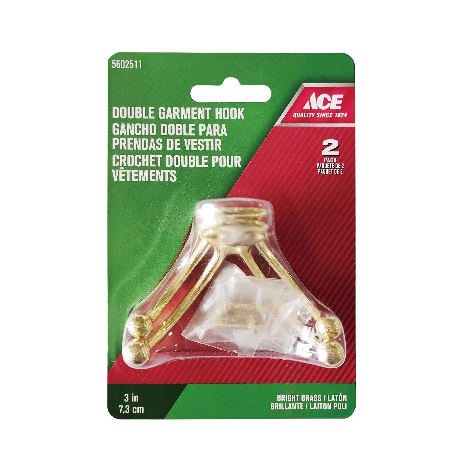 Double Garment Hook Bright Brass 3 in. 2 pk (5602511)