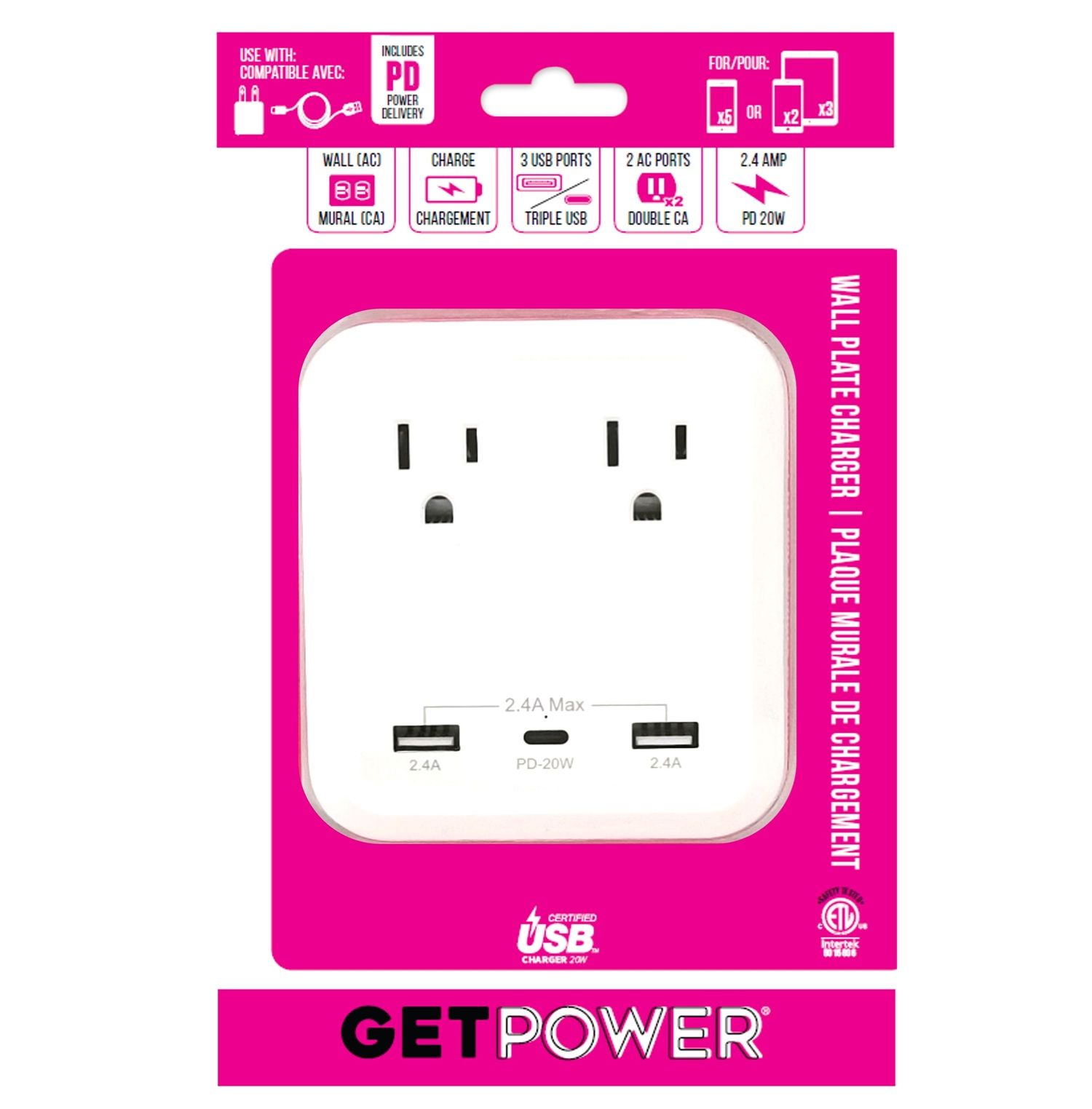 Get Power AC Wall Plate Adapter 3 USB