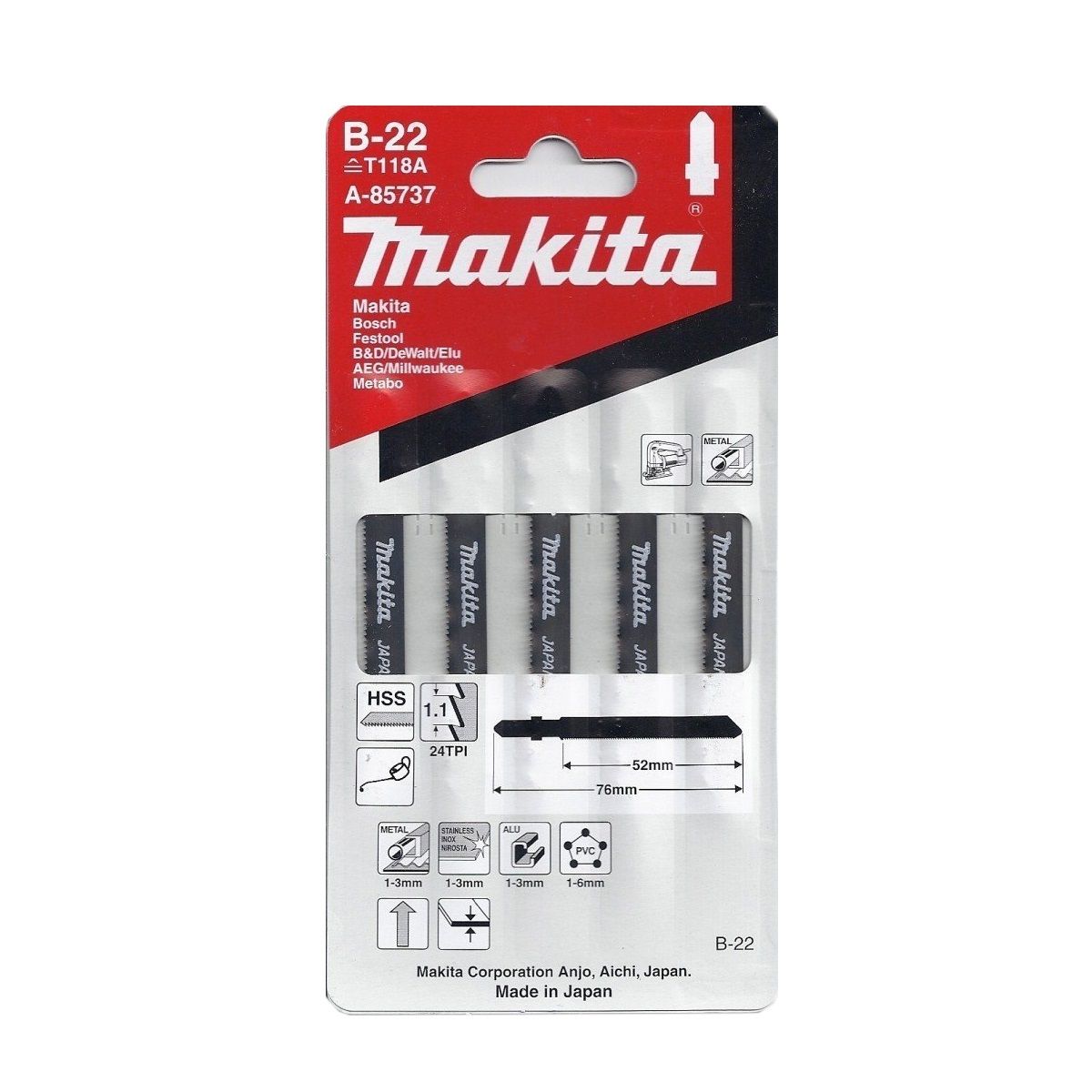 Makita Jig Saw Blade HSS Metal  B22 5 pk (A-85737)