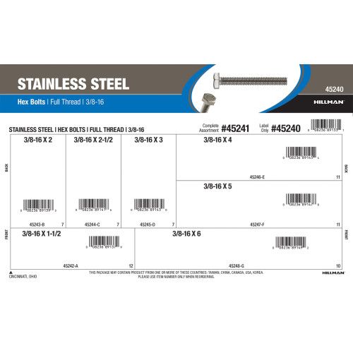 Full-Thread Stainless Steel Hex Bolts 3/8in-16 Thread Assorted